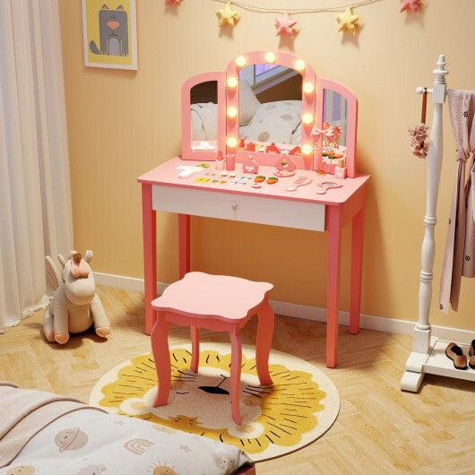 2-in-1 Kids Vanity Table Set with Tri-Folding Detachable Mirror and Lights-Pink W2B
