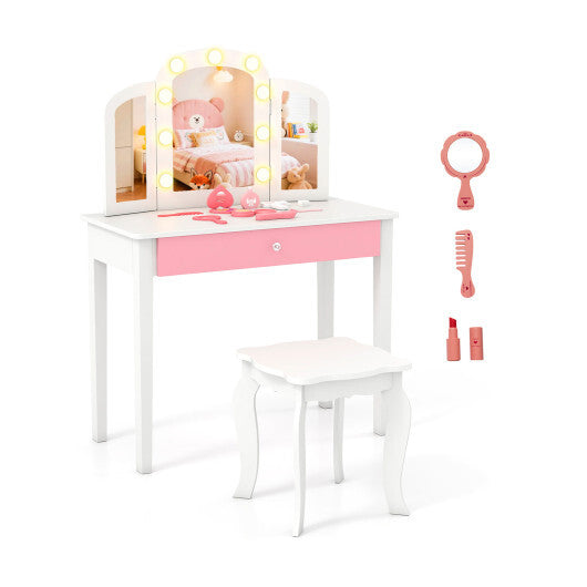2-in-1 Kids Vanity Table Set with Tri-Folding Detachable Mirror and Lights-Pink W2B
