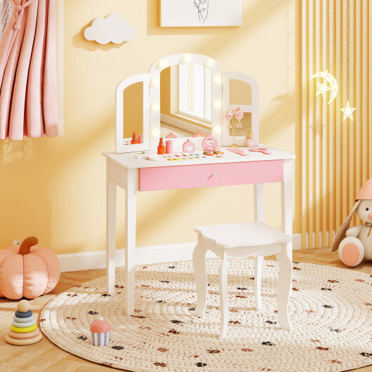 2-in-1 Kids Vanity Table Set with Tri-Folding Detachable Mirror and Lights-Pink W2B