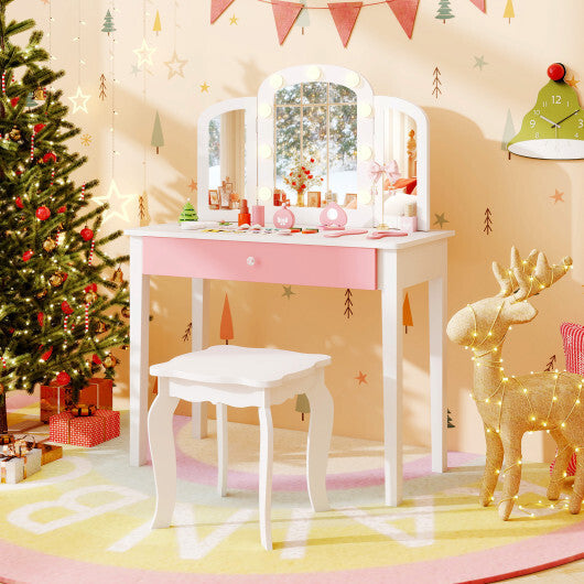 2-in-1 Kids Vanity Table Set with Tri-Folding Detachable Mirror and Lights-Pink W2B