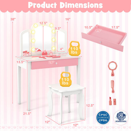 2-in-1 Kids Vanity Table Set with Tri-Folding Detachable Mirror and Lights-Pink W2B