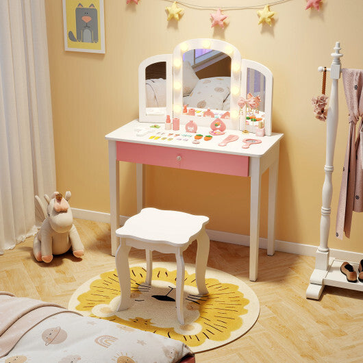 2-in-1 Kids Vanity Table Set with Tri-Folding Detachable Mirror and Lights-Pink W2B