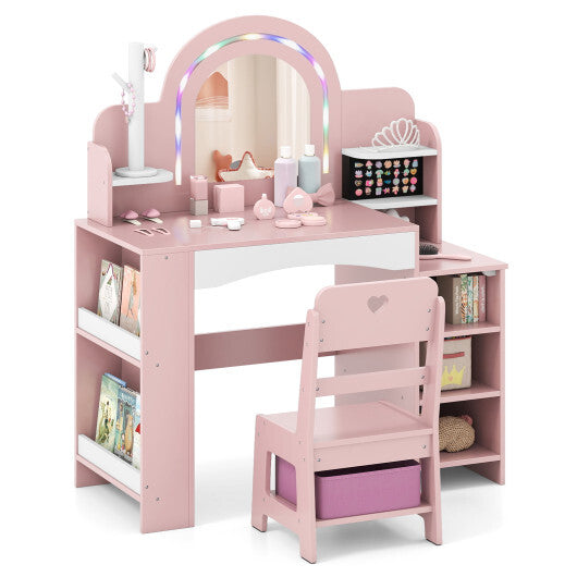Kids Vanity Set with Colorful LED Lights Princess Makeup Dressing Table with Chair-White
