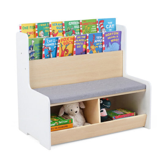 Kids Reading Nook with Bench Bookshelf and 2 Cubbies-White W2B