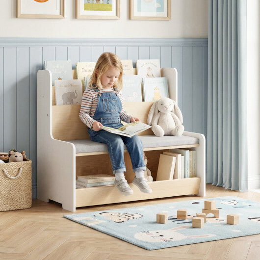 Kids Reading Nook with Bench Bookshelf and 2 Cubbies-White W2B