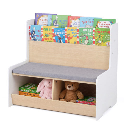 Kids Reading Nook with Bench Bookshelf and 2 Cubbies-White W2B
