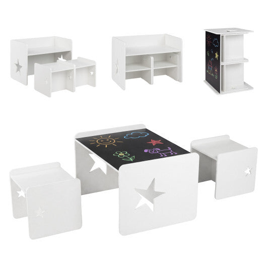 3 Pieces Kids Table and Chair Set Space-saving Toddler Table and 2 Chairs-White W2B