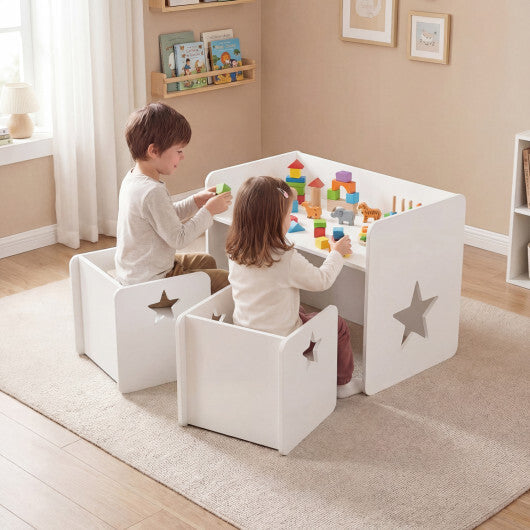 3 Pieces Kids Table and Chair Set Space-saving Toddler Table and 2 Chairs-White W2B