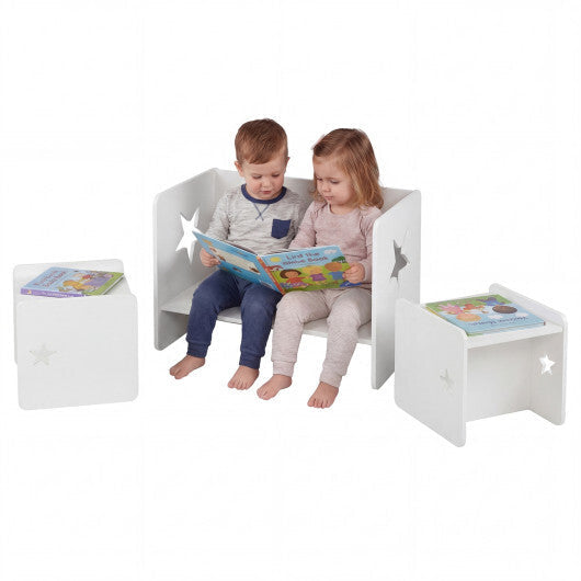 3 Pieces Kids Table and Chair Set Space-saving Toddler Table and 2 Chairs-White W2B