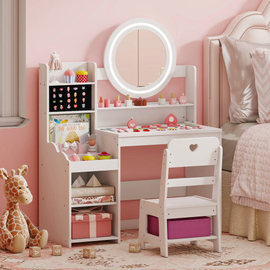 Kids Vanity Desk with Mirror and Lights Princess Pretend Play Dressing Table and Chair Set-White