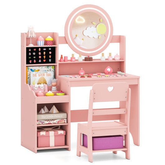Kids Vanity Desk with Mirror and Lights Princess Pretend Play Dressing Table and Chair Set-White