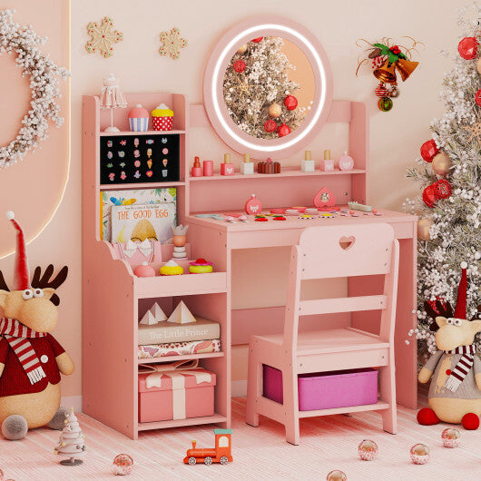 Kids Vanity Desk with Mirror and Lights Princess Pretend Play Dressing Table and Chair Set-White