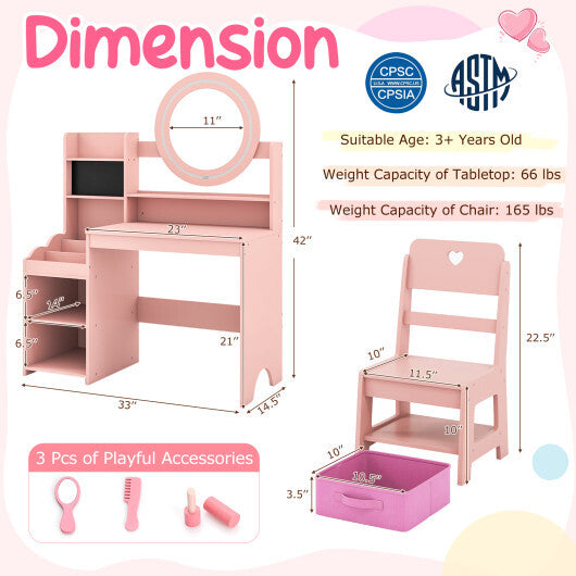 Kids Vanity Desk with Mirror and Lights Princess Pretend Play Dressing Table and Chair Set-White