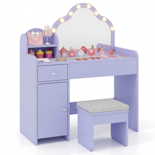 Kids Vanity Desk with Mirror and Lights Princess Pretend Play Dressing Table-Purple W2B