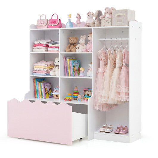 Kids Toy Storage Organizer Children Dress up Closet Wardrobe with Clothing Rack-Pink W2B