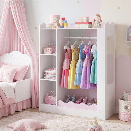 Kids Dress Up Storage with Mirrors and Hanging Rack and Shelves for Bedroom-Pink W2B
