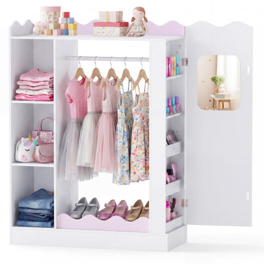 Kids Dress Up Storage with Mirrors and Hanging Rack and Shelves for Bedroom-Pink W2B