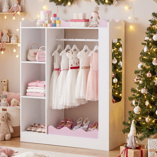 Kids Dress Up Storage with Mirrors and Hanging Rack and Shelves for Bedroom-Pink W2B
