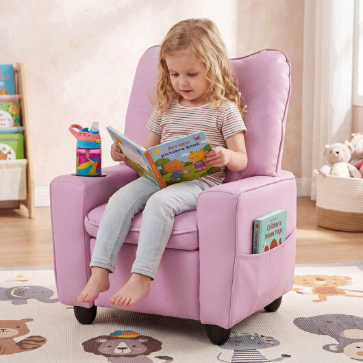 Kids Recliner with Cup Holder & Armrests and Adjustable Backrest for Playroom-Pink W2B