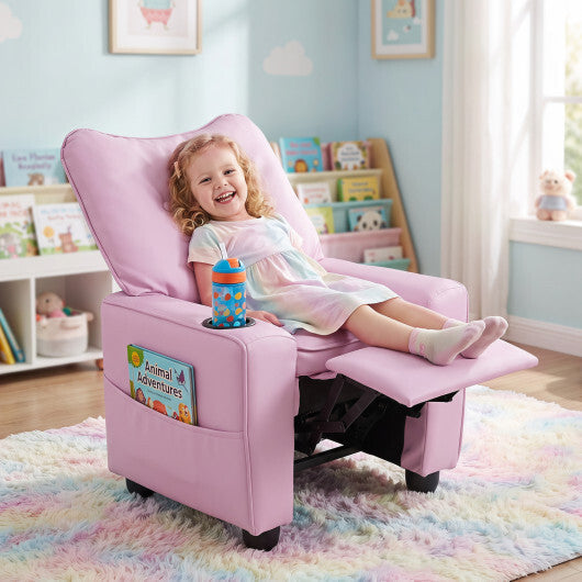 Kids Recliner with Cup Holder & Armrests and Adjustable Backrest for Playroom-Pink W2B