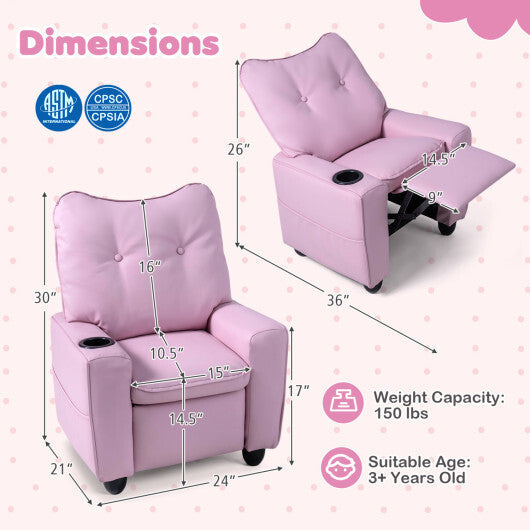 Kids Recliner with Cup Holder & Armrests and Adjustable Backrest for Playroom-Pink W2B
