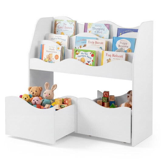 Kids Toy Wooden Storage Organizer with 2 Rolling Drawers for Kids Room-White W2B