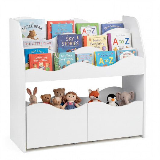 Kids Toy Wooden Storage Organizer with 2 Rolling Drawers for Kids Room-White W2B