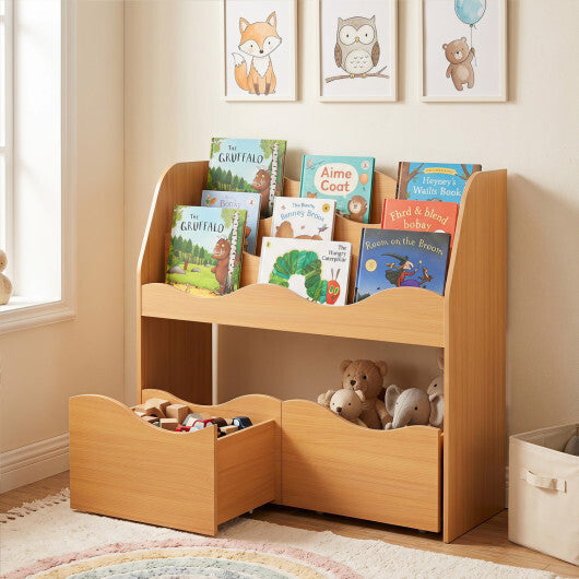 Kids Toy Wooden Storage Organizer with 2 Rolling Drawers for Kids Room-White W2B