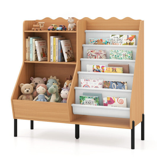 Kids Bookshelf and Toy Storage Organizer Wooden Bookcase with 5 Fabric Pockets-Natural W2B