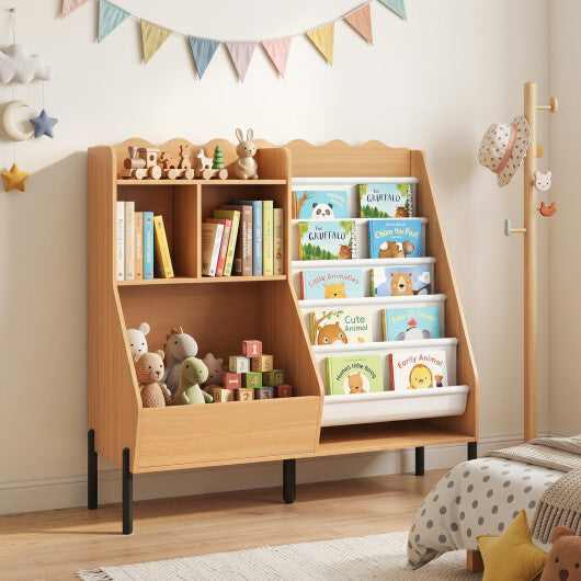 Kids Bookshelf and Toy Storage Organizer Wooden Bookcase with 5 Fabric Pockets-Natural W2B
