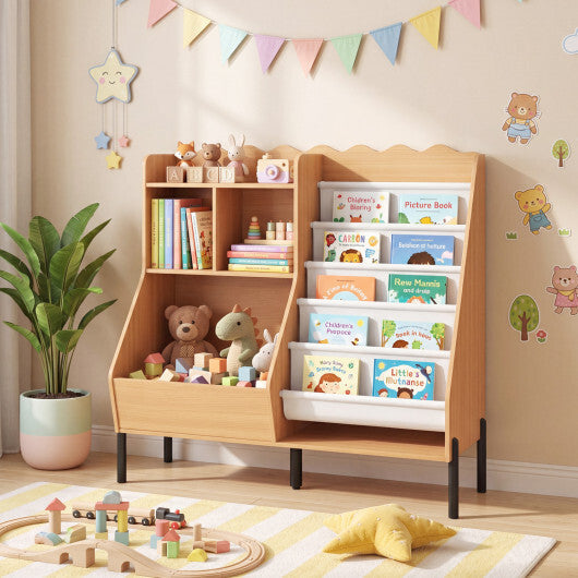 Kids Bookshelf and Toy Storage Organizer Wooden Bookcase with 5 Fabric Pockets-Natural W2B
