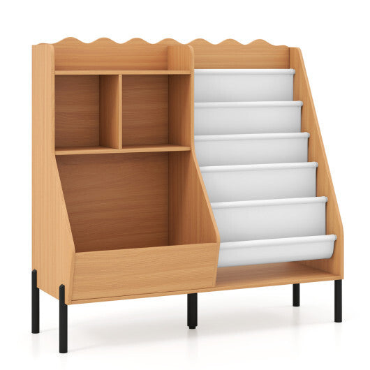 Kids Bookshelf and Toy Storage Organizer Wooden Bookcase with 5 Fabric Pockets-Natural W2B