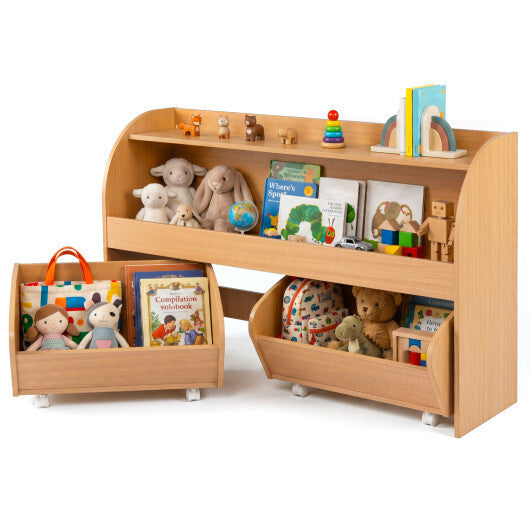 Kids Toy Storage Organizer with 2 Rolling Drawers & 3-Tier Bookshelf for Playroom-Natural W2B