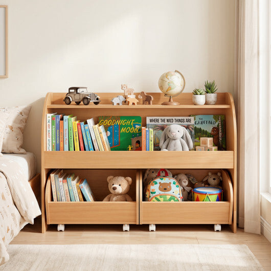 Kids Toy Storage Organizer with 2 Rolling Drawers & 3-Tier Bookshelf for Playroom-Natural W2B