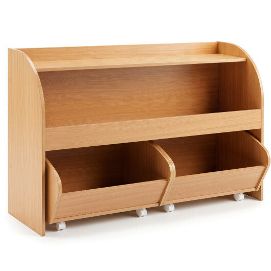 Kids Toy Storage Organizer with 2 Rolling Drawers & 3-Tier Bookshelf for Playroom-Natural W2B