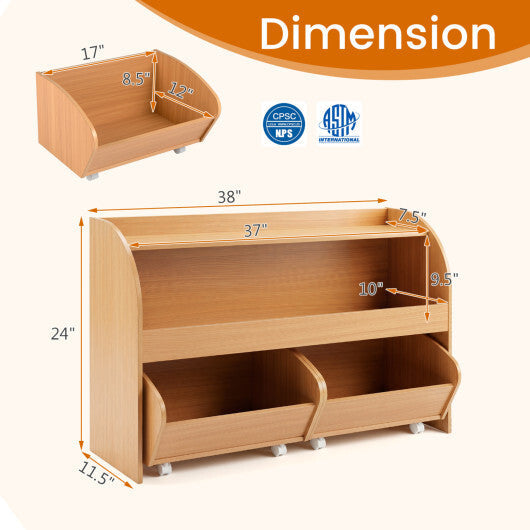 Kids Toy Storage Organizer with 2 Rolling Drawers & 3-Tier Bookshelf for Playroom-Natural W2B