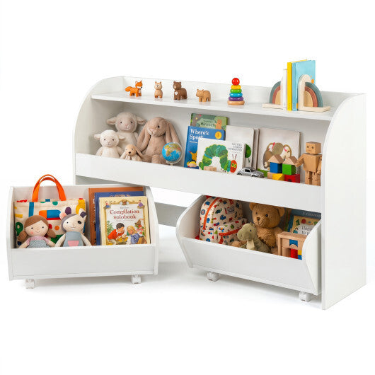 Kids Toy Storage Organizer with 2 Rolling Drawers & 3-Tier Bookshelf for Playroom-Natural W2B