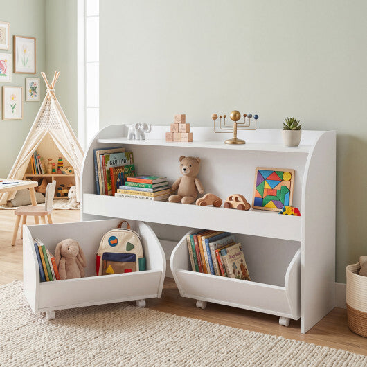 Kids Toy Storage Organizer with 2 Rolling Drawers & 3-Tier Bookshelf for Playroom-Natural W2B