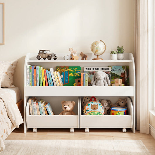 Kids Toy Storage Organizer with 2 Rolling Drawers & 3-Tier Bookshelf for Playroom-Natural W2B