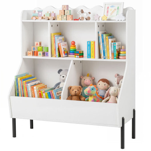 Kids Toy Storage Organizer Wooden Montessori Bookshelf with 5 Storage Cubes-White W2B