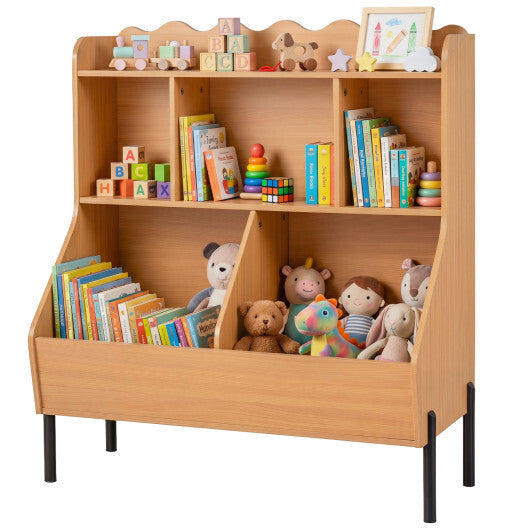 Kids Toy Storage Organizer Wooden Montessori Bookshelf with 5 Storage Cubes-White W2B