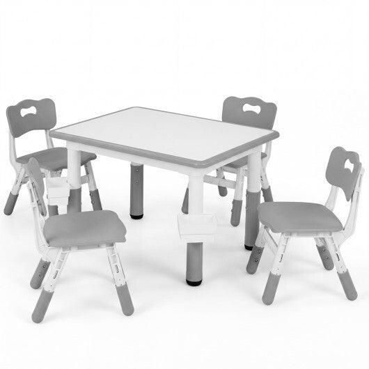 Height Adjustable  Kids Table and 4 Chairs Set with Graffiti Desktop and 2 Storage Baskets-Gray W2B