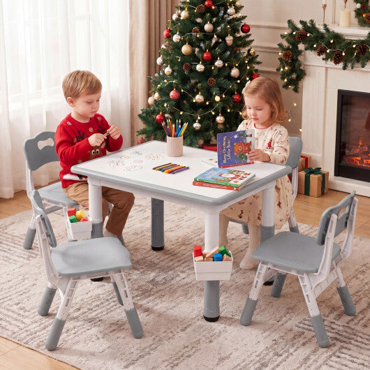 Height Adjustable  Kids Table and 4 Chairs Set with Graffiti Desktop and 2 Storage Baskets-Gray W2B