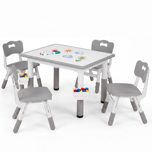 Height Adjustable  Kids Table and 4 Chairs Set with Graffiti Desktop and 2 Storage Baskets-Gray W2B