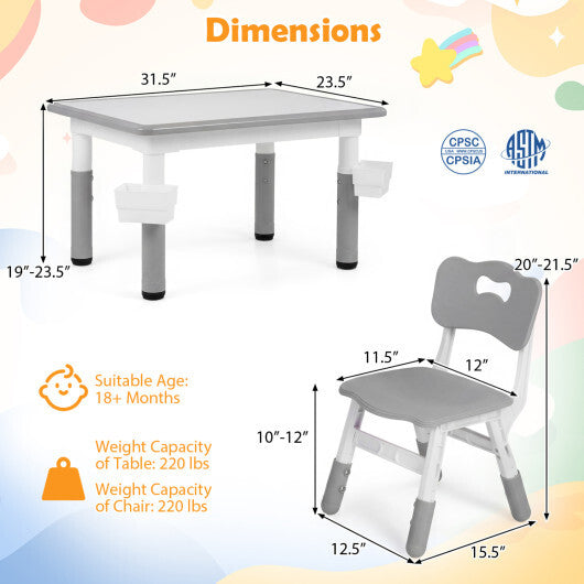 Height Adjustable  Kids Table and 4 Chairs Set with Graffiti Desktop and 2 Storage Baskets-Gray W2B