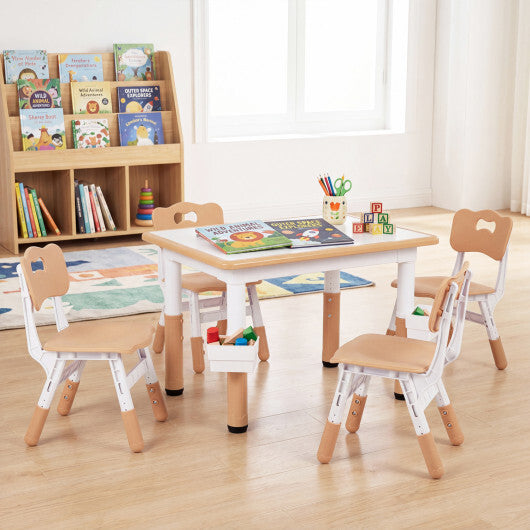 Height Adjustable  Kids Table and 4 Chairs Set with Graffiti Desktop and 2 Storage Baskets-Gray W2B
