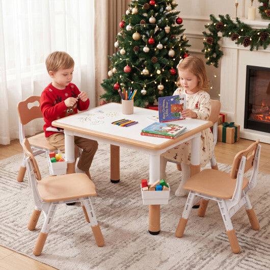 Height Adjustable  Kids Table and 4 Chairs Set with Graffiti Desktop and 2 Storage Baskets-Gray W2B