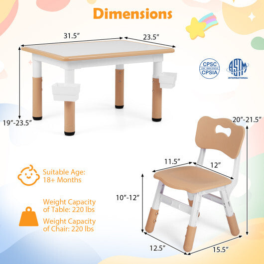 Height Adjustable  Kids Table and 4 Chairs Set with Graffiti Desktop and 2 Storage Baskets-Gray W2B