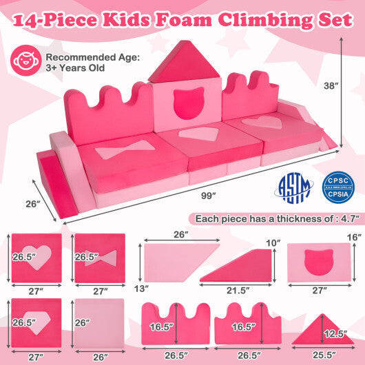 14 Piece Kids Play Couch Modular Foam Climbing Blocks for Kids 3+ Years Old-Pink W2B
