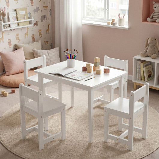 5-Piece Kids Table and Chairs Set Solid Rubber Wood Toddler Activity Table-White W2B